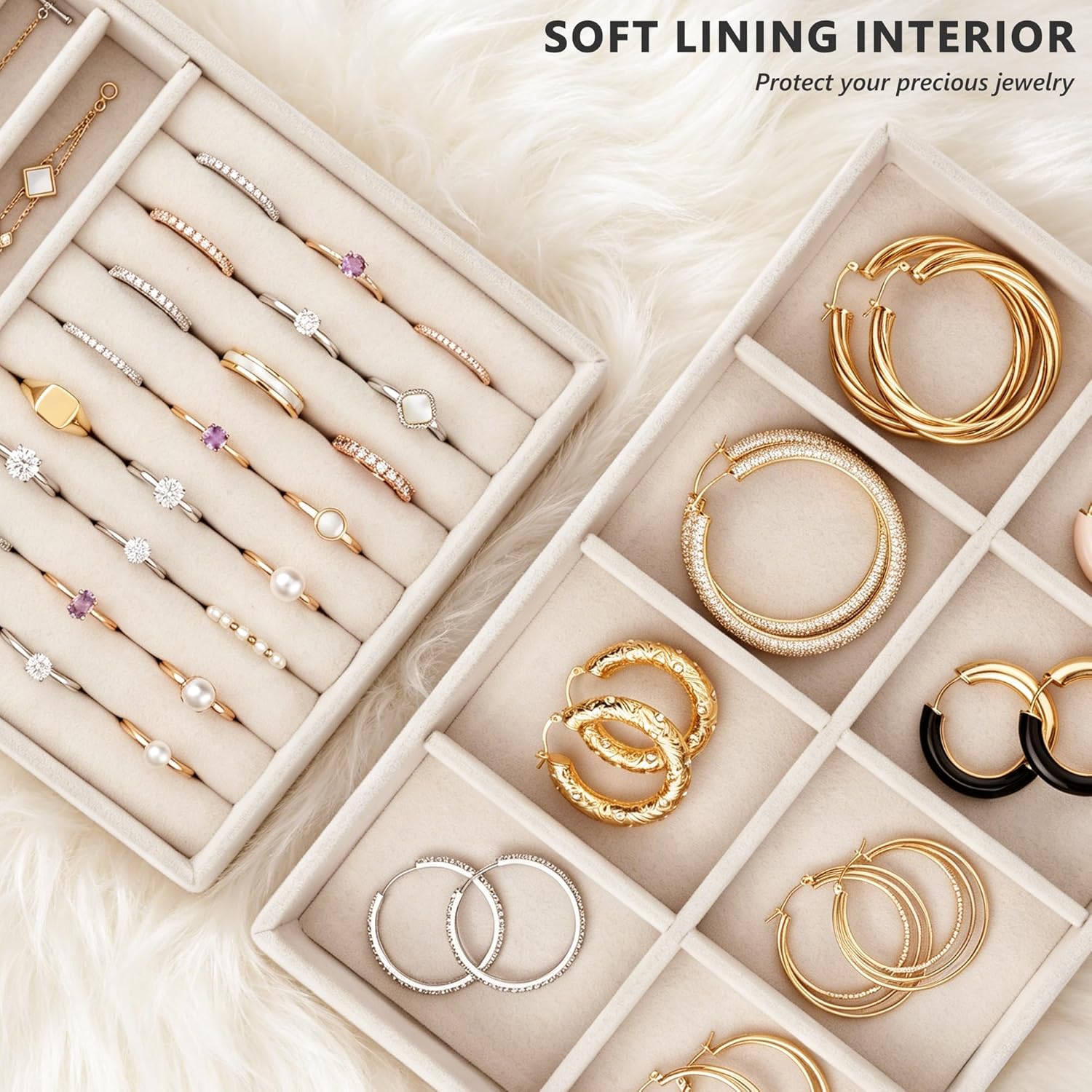 Jewelry Organizer for Drawer, Velvet Jewelry Drawer Organizer Inserts, 4-Layer Beige Stackable Jewelry Trays for Rings Earrings Necklaces Bracelets with Removable Dividers for Dresser Vanity