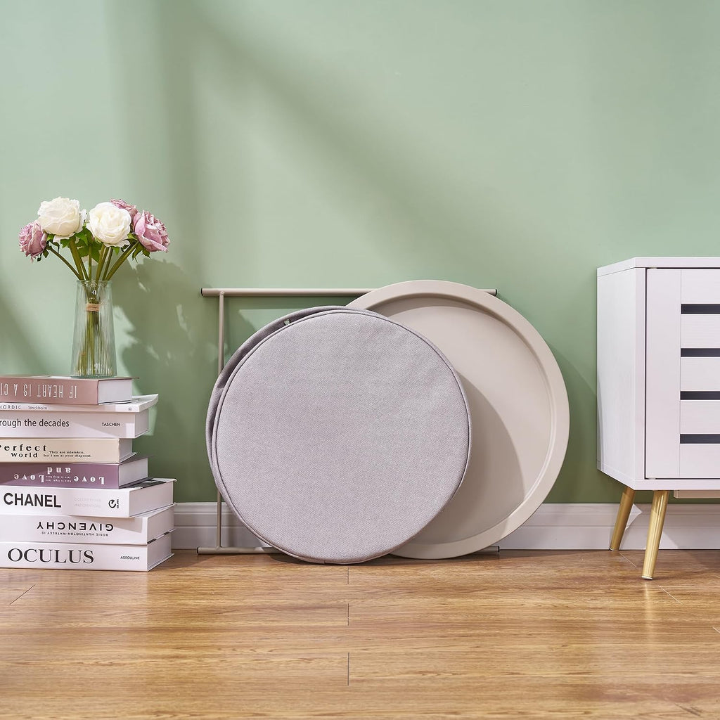 VECELO Round Side/End Table with Fabric Storage Basket，Metal Anti-Rust and Waterproof Small Bedside Nightstand with Removable Tray Top for Living Room，Balcony & Laundry，Grey /1pcs with Basket