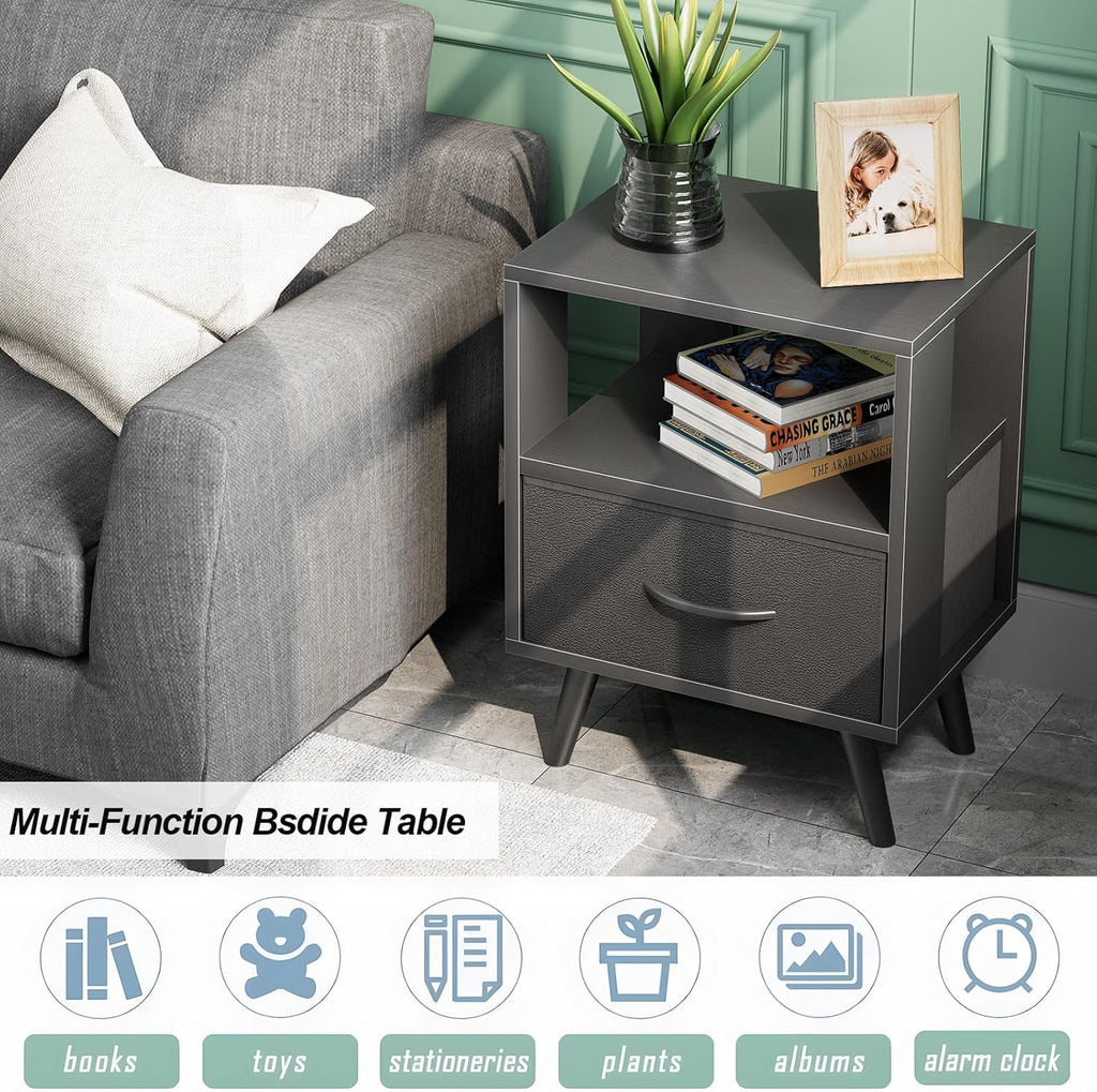 Aenuert Night Stand, Black Nightstand with Drawer, Side Table with Open Storage, 2-Tier Modern End Table, Bedside Table for Small Space, Living Room, Bedroom