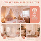 8 Panels Lace Bed Canopy Curtains with 10 Ceiling Hooks 40 x 84 and 30 x 84 Inch Curtains for Queen Size Bed Dorm Bedroom No Drill Romantic White Lace Canopy Tie Top DIY Setup