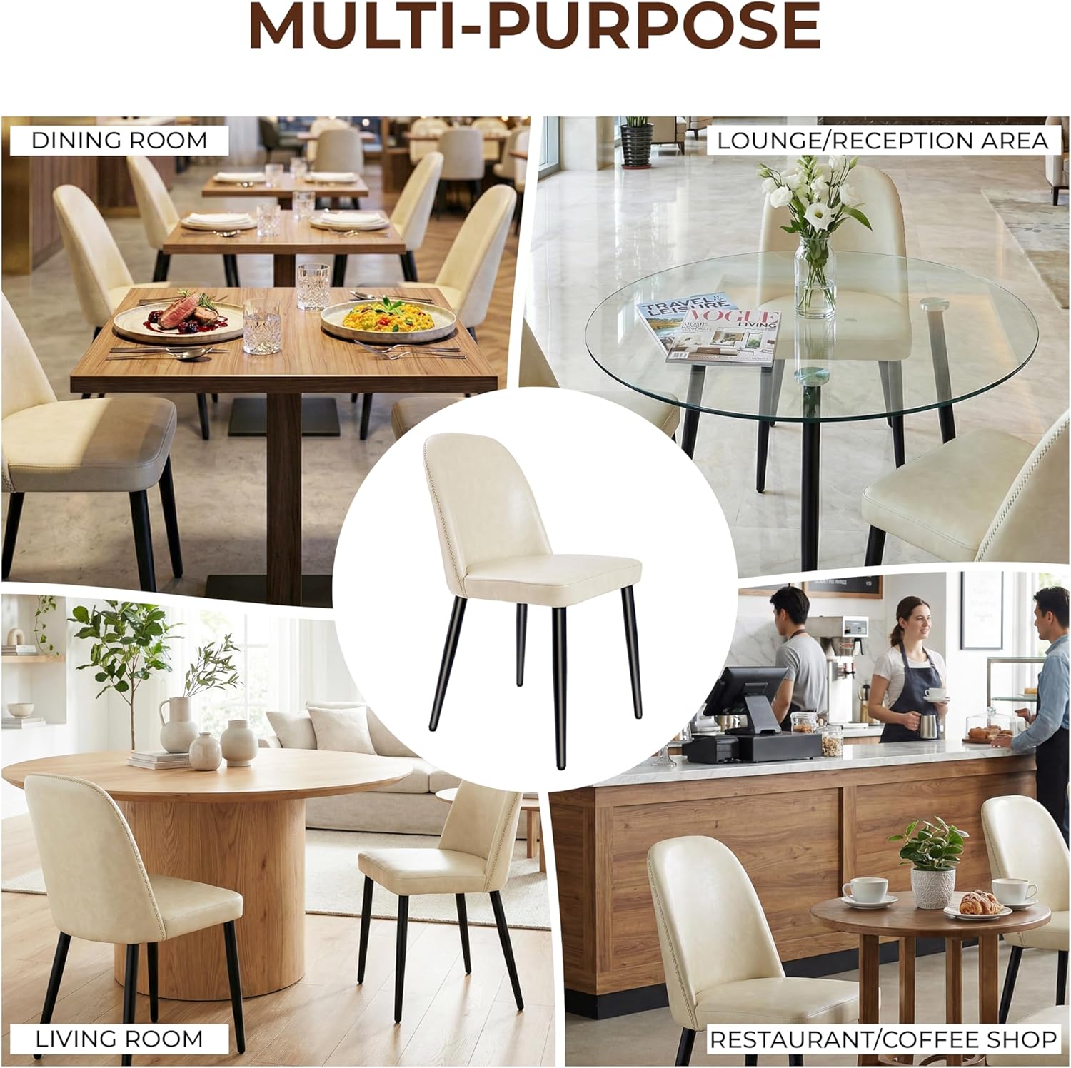 Set of 4 Mid-Century Modern Dining Chairs, Beige Faux Leather Upholstered Kitchen Chairs with Metal Legs, Comfortable Side Chairs for Dining Room, Living Room, Cafe & Hotel