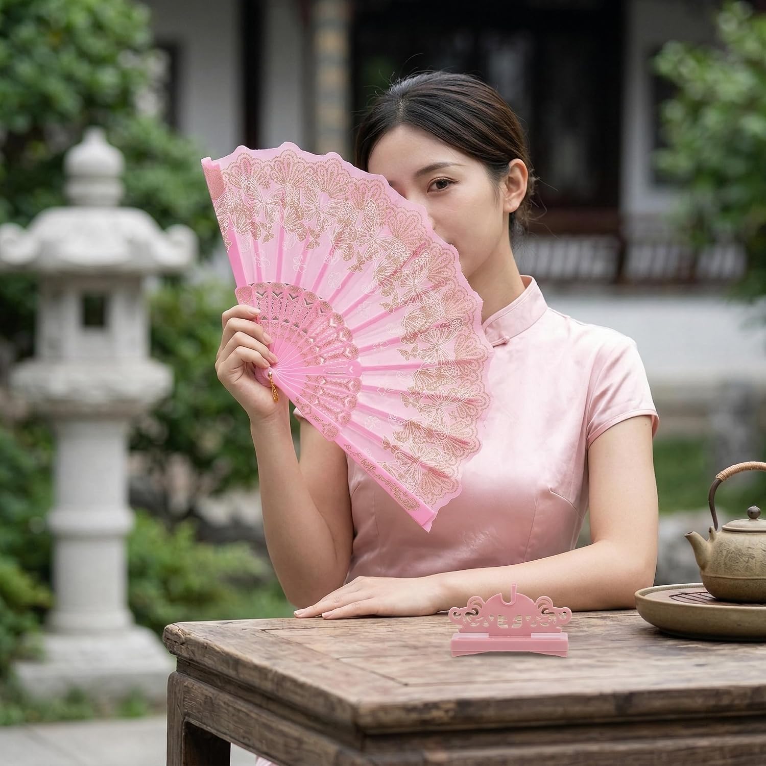 Butterfly Vintage Folding Fan Chinese Hand Fan Pink Cherry Blossom Dance Fan 24 cm for Hanfu Qipao Photo Props Stage Performance