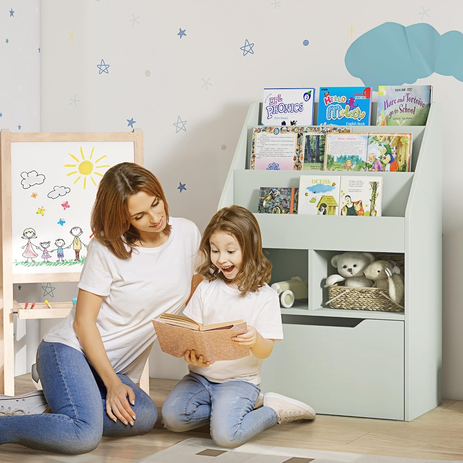 Bookcase Multi Shelf Rack Organizer with Storage Drawer for Books, Playroom, Pale Green