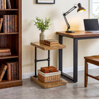 C Shaped Solid Wood End Table, Industrial Side Table with Shelf for Living Room Couch, Narrow Accent Table for Small Spaces, Rustic Laptop Stand for Sofa, Black Metal Frame