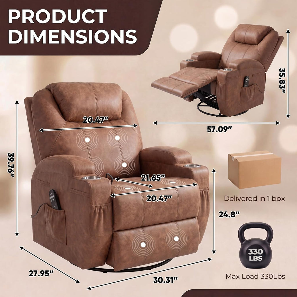 JUMMICO Small Swivel Rocker Recliner, 360 Rocking Chair Recliner with Massage, Upholstered Leathaire Rocker Recliner with Cup Holder for Living Room, Bedroom, Nursery (Dark Brown)