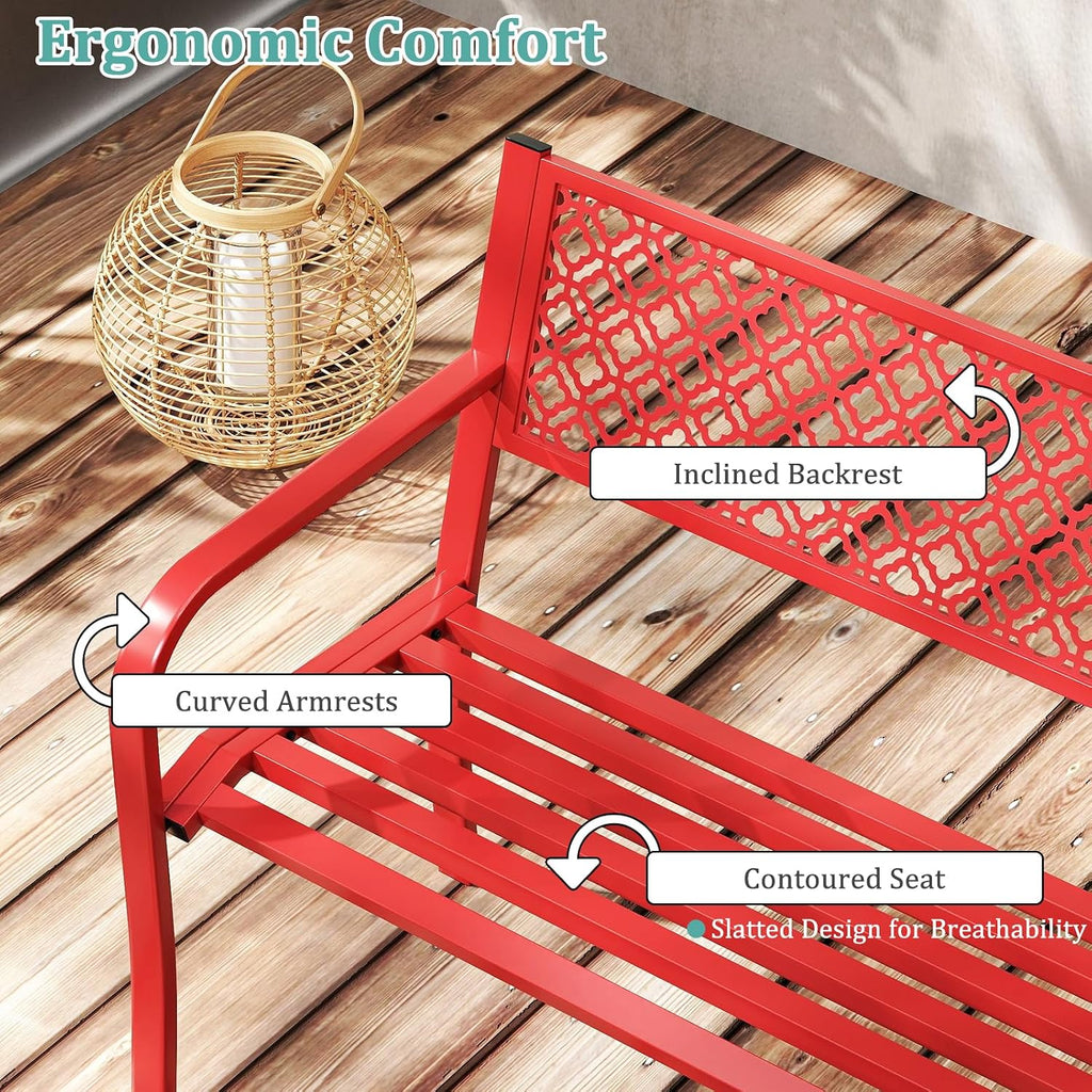 Tangkula 50 Inches Outdoor Garden Bench, Metal Patio Park Bench with Geometric Lattice Backrest, Armrests and Slatted Seat, Outdoor Loveseat Chair for Porch, Lawn and Yard (Red)