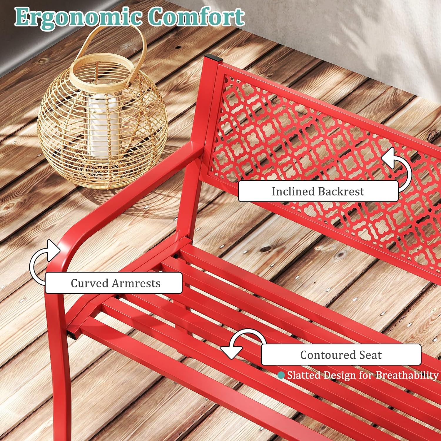 Tangkula 50 Inches Outdoor Garden Bench, Metal Patio Park Bench with Geometric Lattice Backrest, Armrests and Slatted Seat, Outdoor Loveseat Chair for Porch, Lawn and Yard (Red)