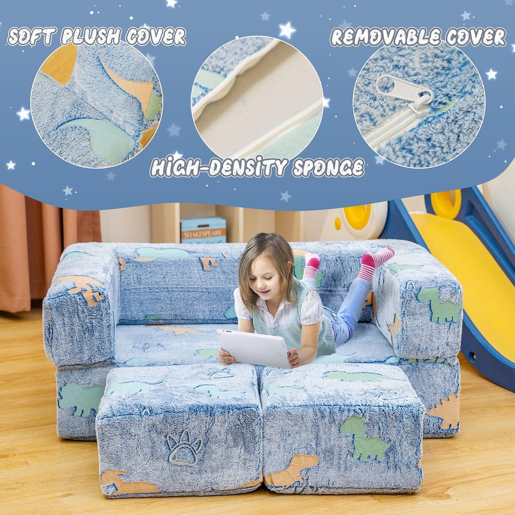 Toddler Couch Cover, Glow in The Dark Toddler Fold Out Couch Cover, Baby Modular Couch Cover, Convertible Baby Fold Out Play Foam and Floor Cushion Cover for Nursery Playroom, Blue+Dinosaur