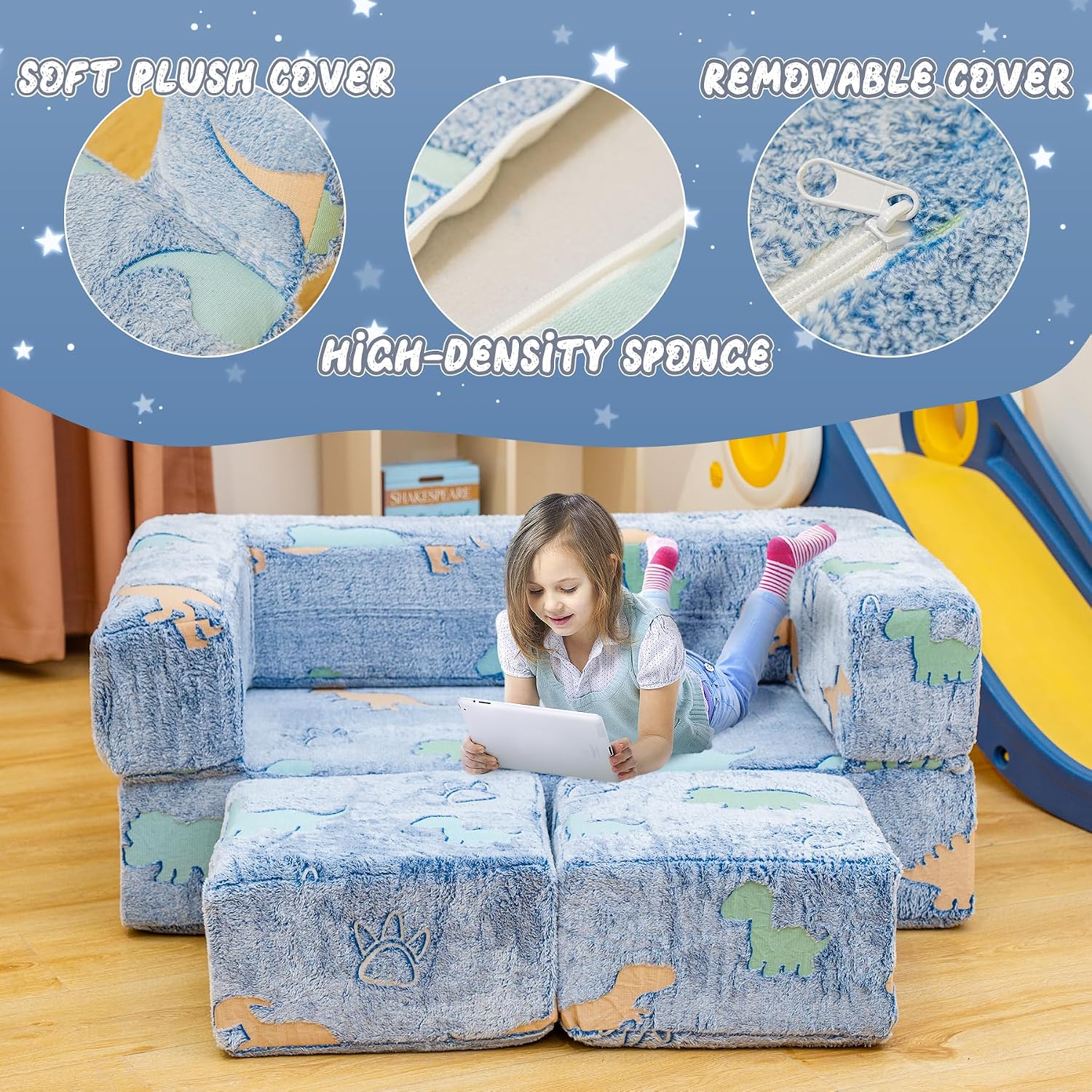 Toddler Couch Cover, Glow in The Dark Toddler Fold Out Couch Cover, Baby Modular Couch Cover, Convertible Baby Fold Out Play Foam and Floor Cushion Cover for Nursery Playroom, Blue+Dinosaur