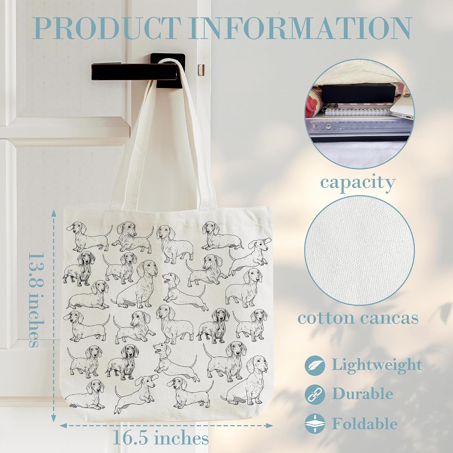 Dachshund Canvas Tote Bag, Reusable Weiner Dog Grocery Shoulder Bags For Friends Dog Lovers