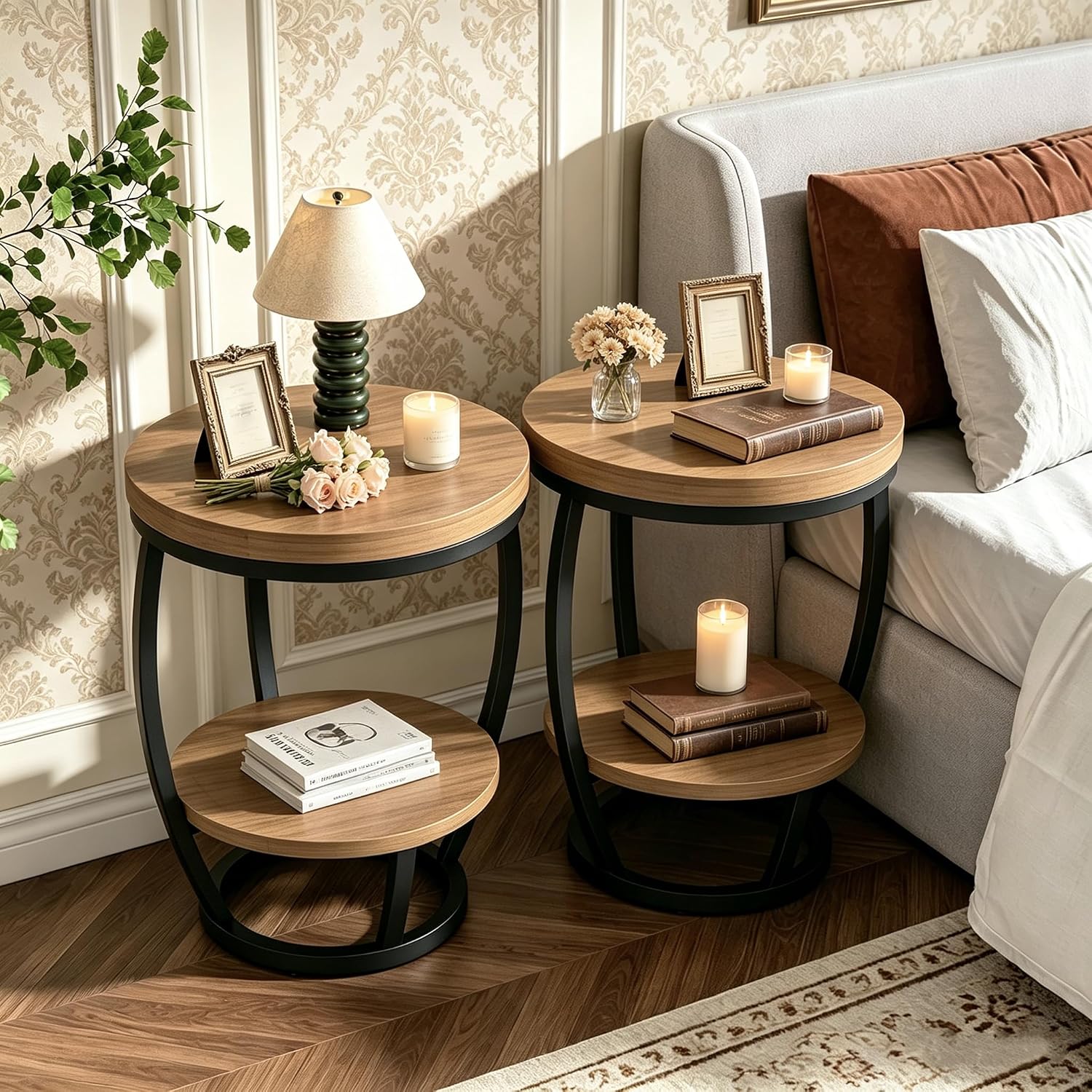 Round End Table Set of 2, 2 Tier Industrial Side Table, Nightstand with Metal Frame, Accent Bedside Table with Storage Shelves for Living Room, Bedroom, Small Spaces, Light Brown & Black