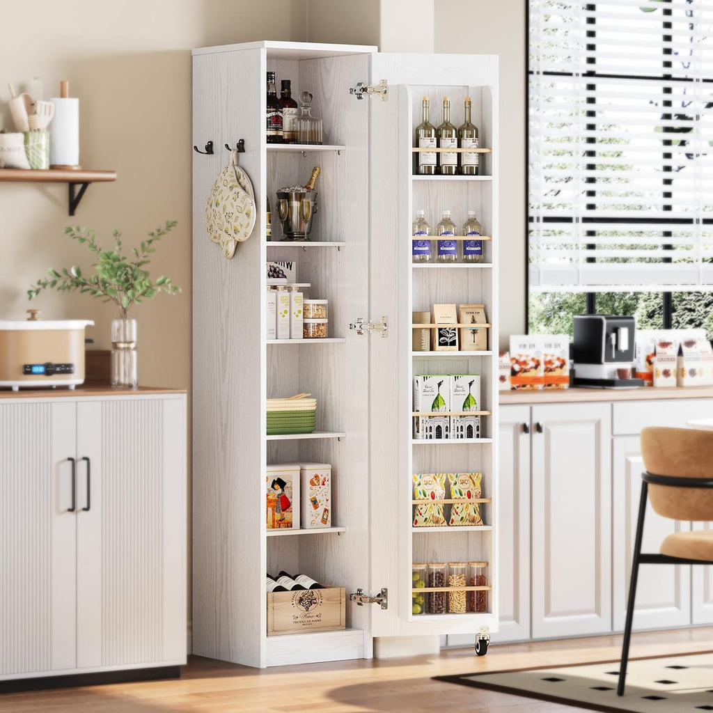 IRONCK Narrow Kitchen Pantry Storage Cabinet, 72" Slim Single Door with 6 Adjustable Shelves, Door Rack and Wheels, Space Saving Freestanding Storage Floor Cabinet for Small Place, White