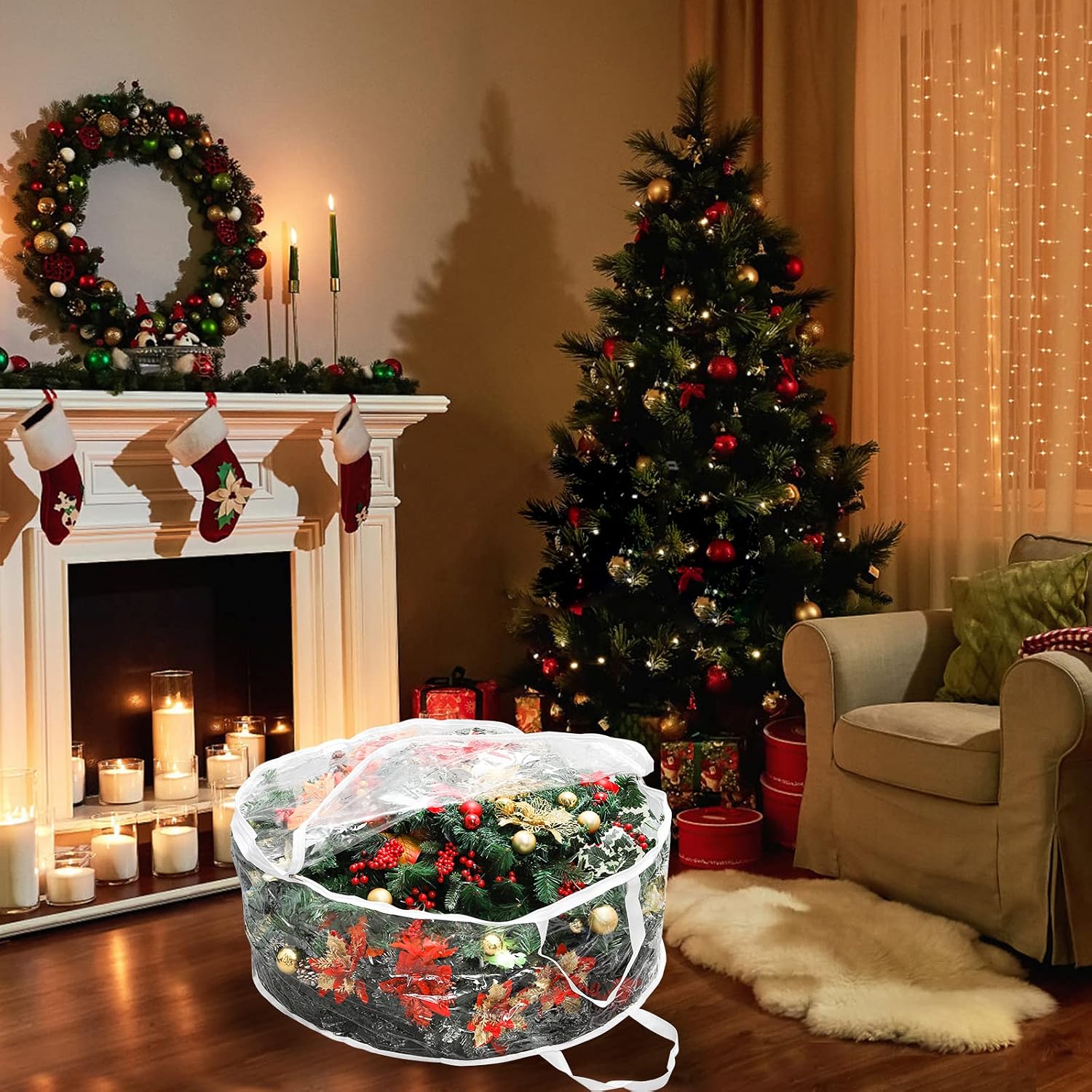 Hedume Wreath Storage Bag, 30" X 12" Clear Everyday Bag, Christmas Wreath Storage Container with Dual Zippered and Reinforced Handle, Protect Your Holiday Wreath from Dust, Insects, and Moisture