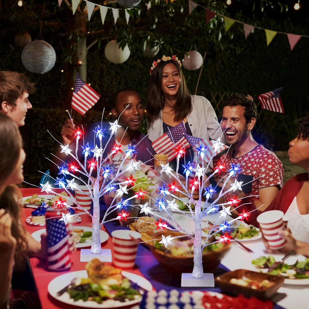 2 Pack 18" 4th of July Patriotic Tree Lights with 24 LED Red White Blue Star Lights Battery or USB Powered Lighted Tabletop Tree, Independence Day Memorial Day Decorations for Home Party Table Decor