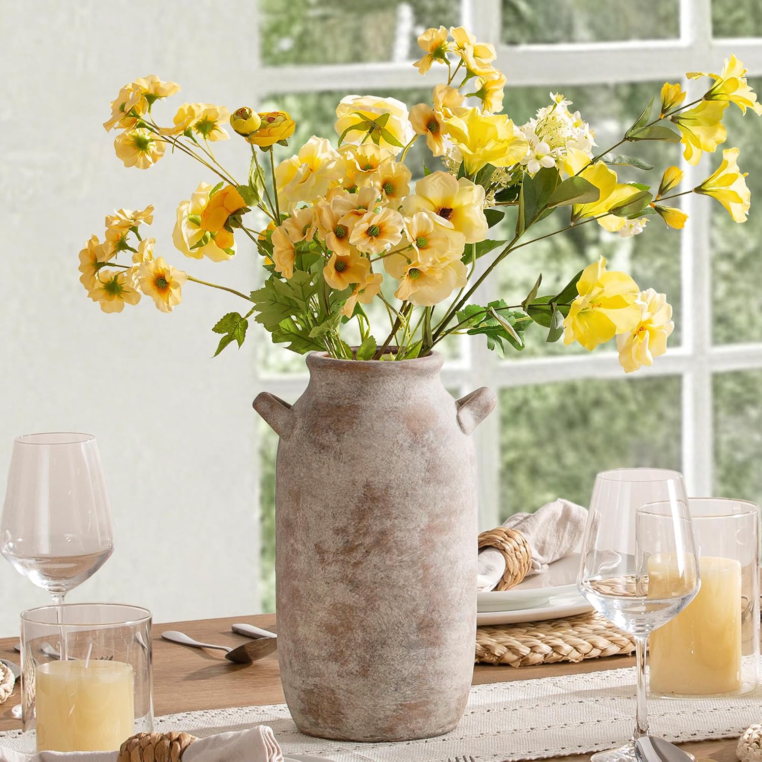 Large Flower Vase Home Decor - Tall Ceramic Farmhouse Rustic Table Vases with Handle Living Room Decoration Decorative Modern Pottery for Floor Kitchen Shelf Coffee Dining Desk Fireplace (12" Retro)