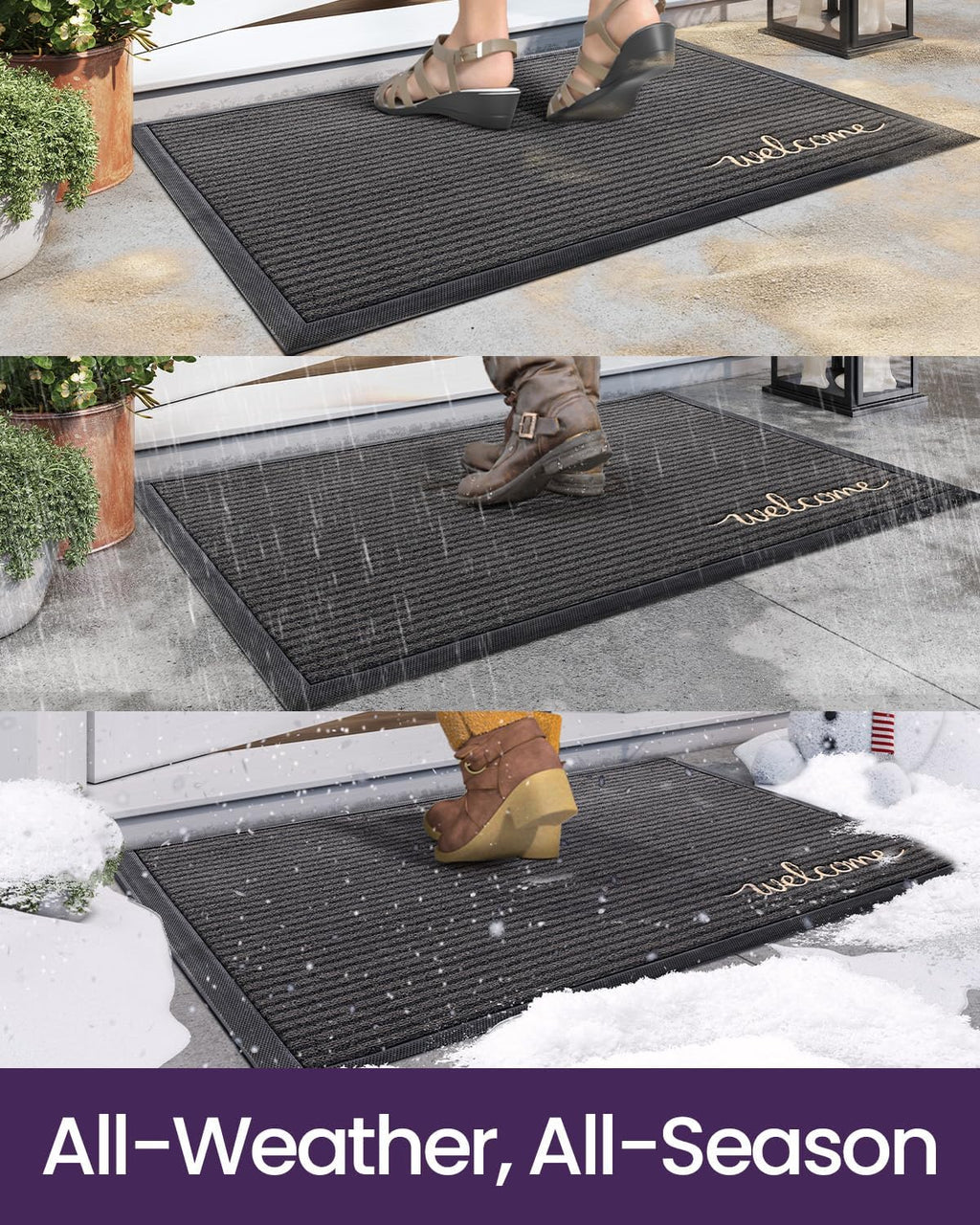 DEXI Front Door Mat Outside Entrance, 2x3 ft Rubber Entry Doormat Heavy Duty, Non Slip Welcome Mats for Inside House Floor Entryway Exterior Patio, Welcome Grey