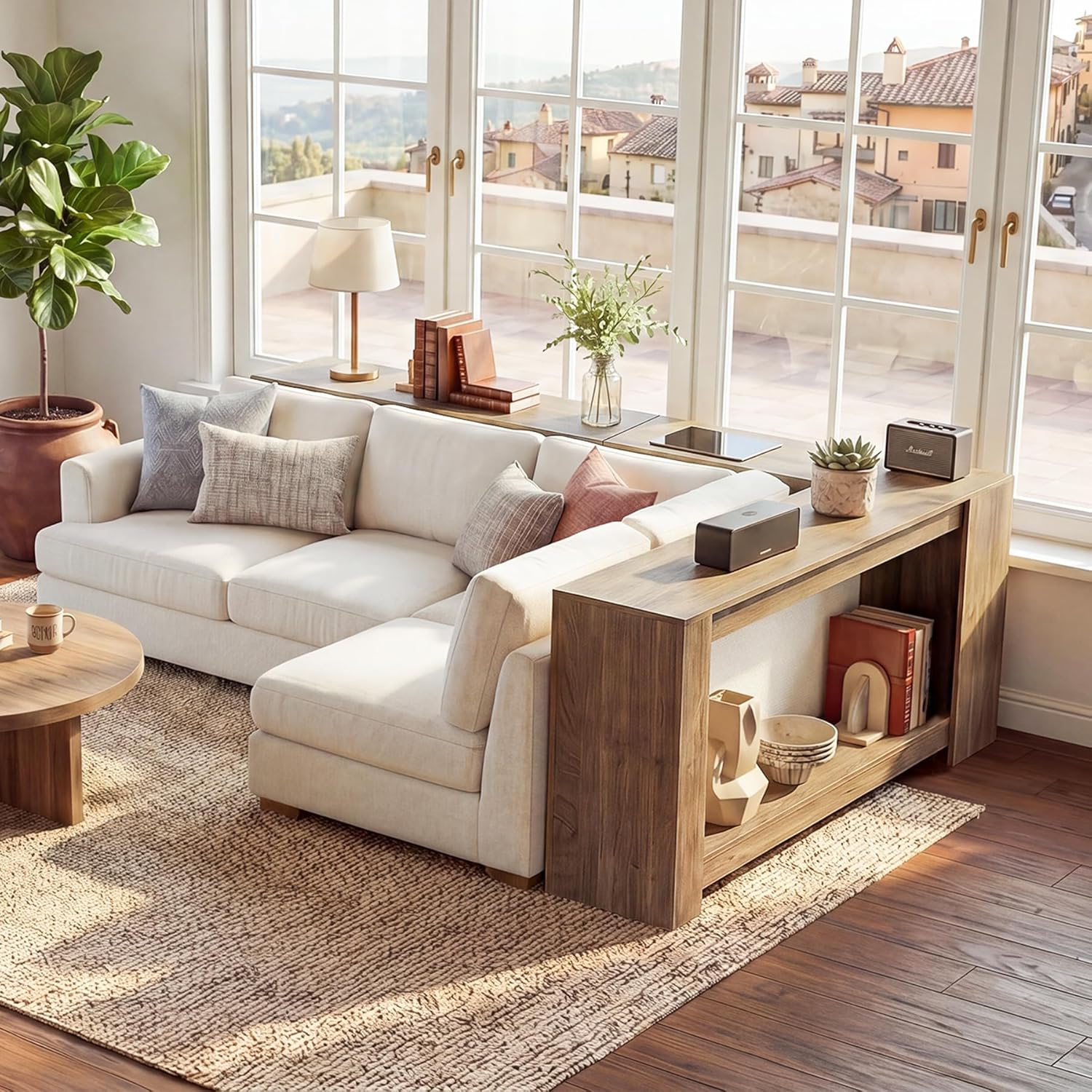 Tribesigns L-Shaped Console Table, 63" Sofa Table Behind Couch with 2-Tier Storage Shelves, Narrow Entryway Table, Couch Table for Living Room, Hallway, Foyer, Bedroom, Brown