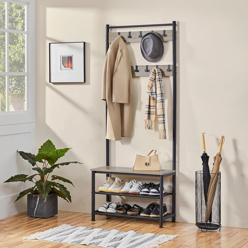 Yaheetech Coat Rack, Hall Tree with Shoe Bench, Entryway Shoe Storage with Coat Rack Stand, 9 Movable Hooks, Industrial Entryway Furniture, Gray