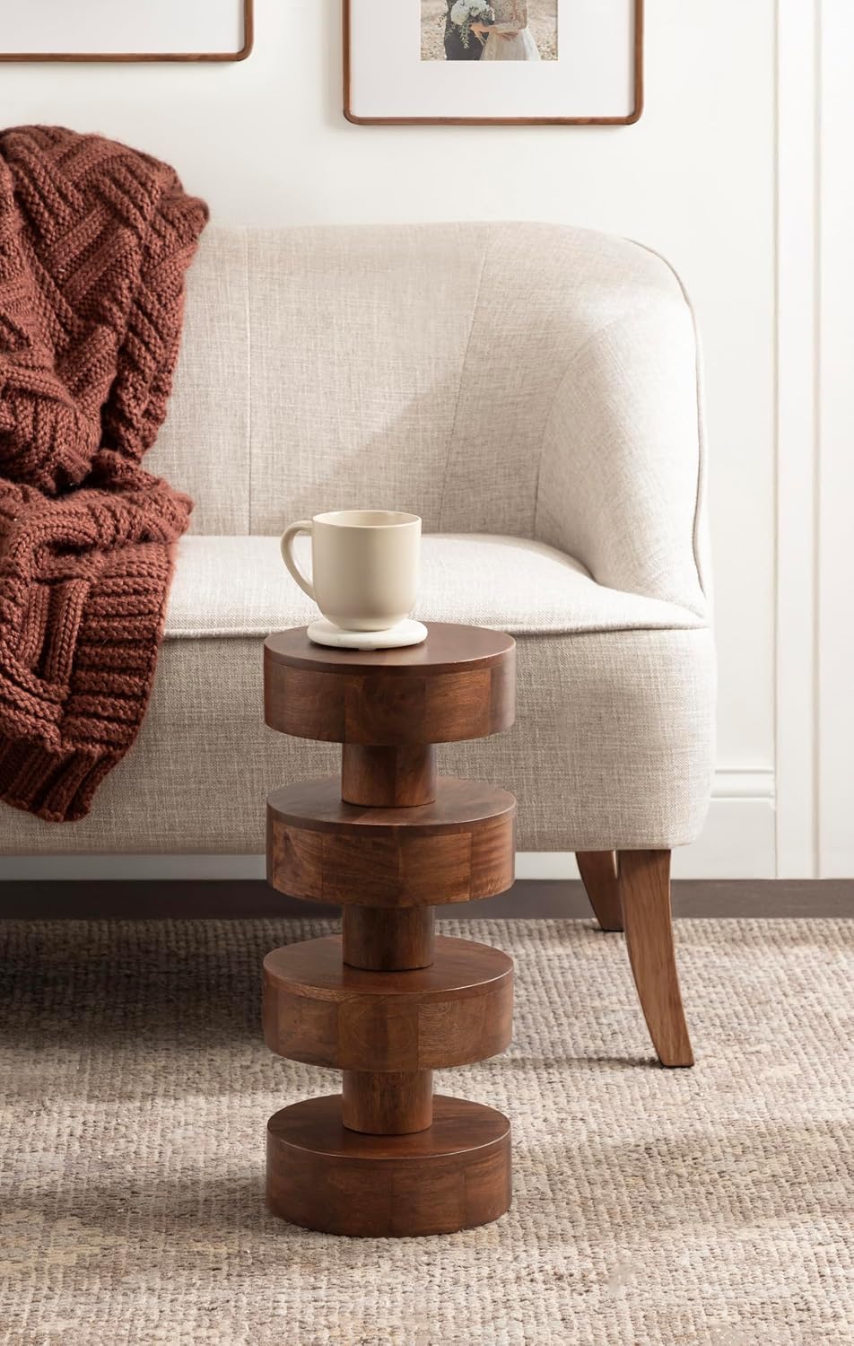 Kate and Laurel Omar Modern Wooden Round Drink Table, 9 x 9 x 20, Walnut Brown, Geometric Floating Disks Circle Mini Table for Use as Small Bedroom Night Stand or Indoor Plant Stand