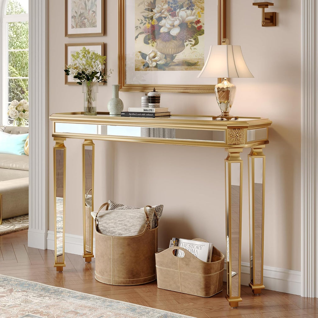 Gold Mirrored Console Table, 48" Rectangle Glass Sofa Table with Mirrored Vintage Carved Elements,Modern Luxury Mirror Furniture for Living Room Foyer Entrance Entryweay Hallway