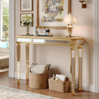 Gold Mirrored Console Table, 48" Rectangle Glass Sofa Table with Mirrored Vintage Carved Elements,Modern Luxury Mirror Furniture for Living Room Foyer Entrance Entryweay Hallway