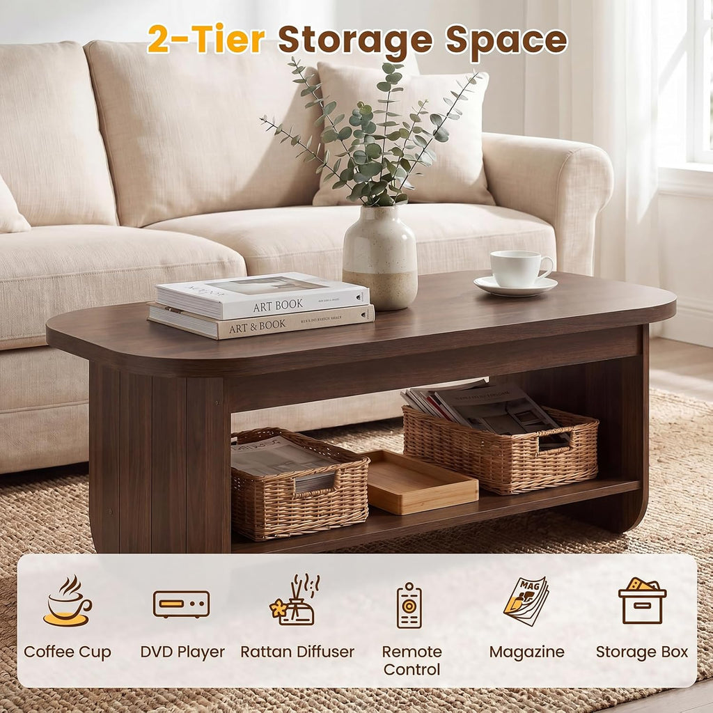 Giantex Oval Coffee Table, 47" Mid Century Modern Center Table with Storage Shelf & Round Corner, 2-Tier Accent Cocktail Tea Table, Wood Coffee Table for Living Room, Small Spaces (Espresso)
