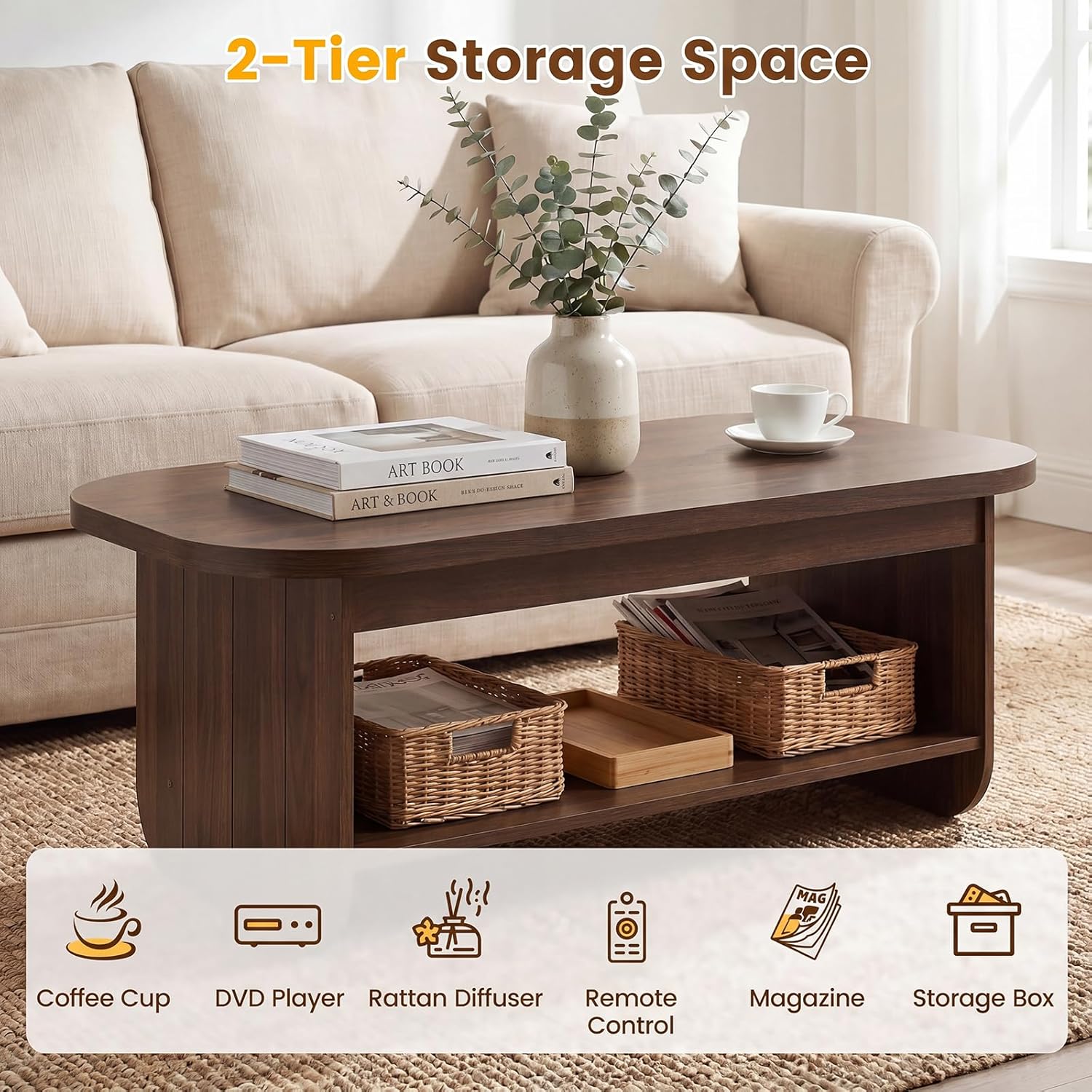 Giantex Oval Coffee Table, 47" Mid Century Modern Center Table with Storage Shelf & Round Corner, 2-Tier Accent Cocktail Tea Table, Wood Coffee Table for Living Room, Small Spaces (Espresso)