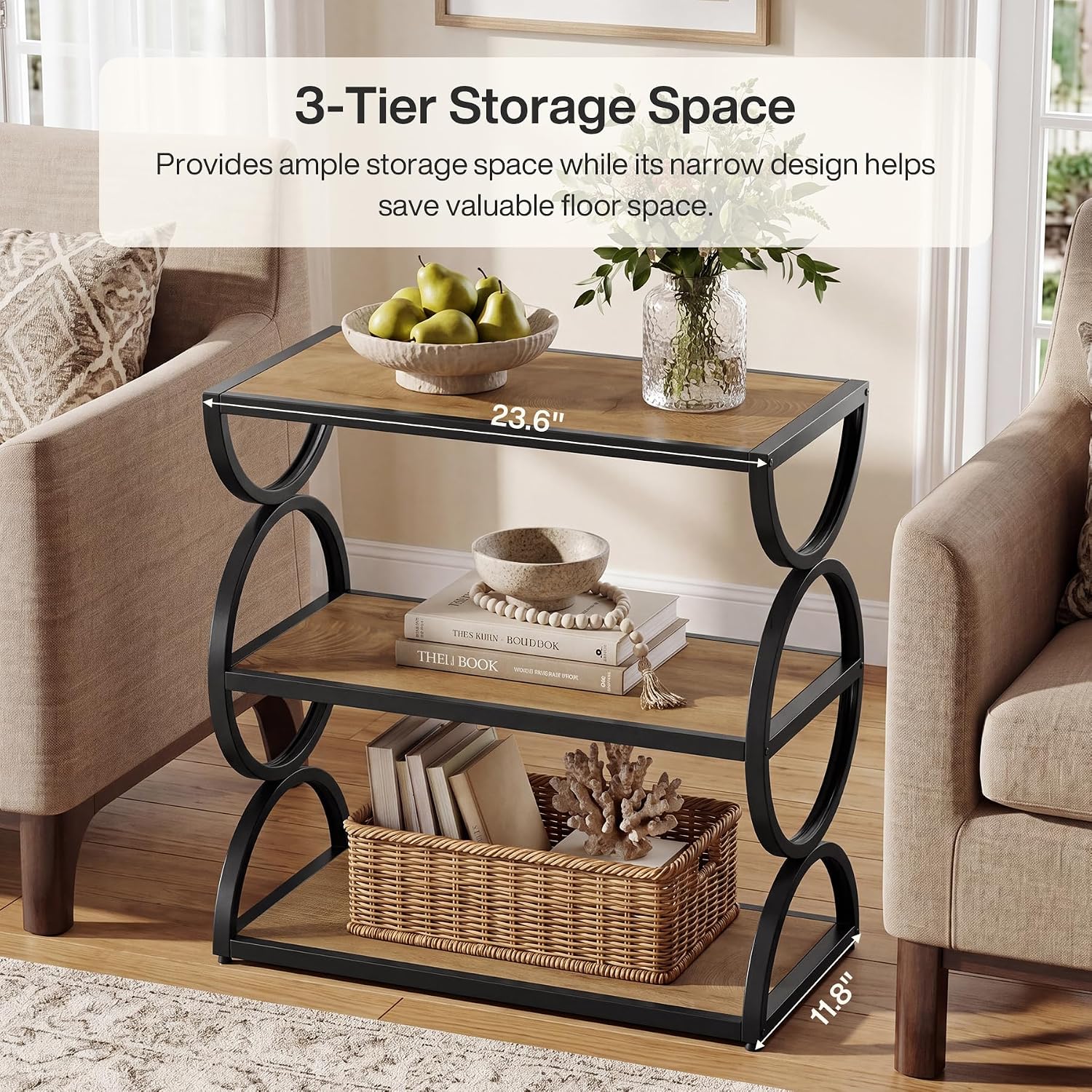Tribesigns 3-Tier End Table, Narrow Side Table with Storage Shelves, Industrial Accent Table with Unique Circular Frame, Sofa Side Table for Living Room, Rustic Brown