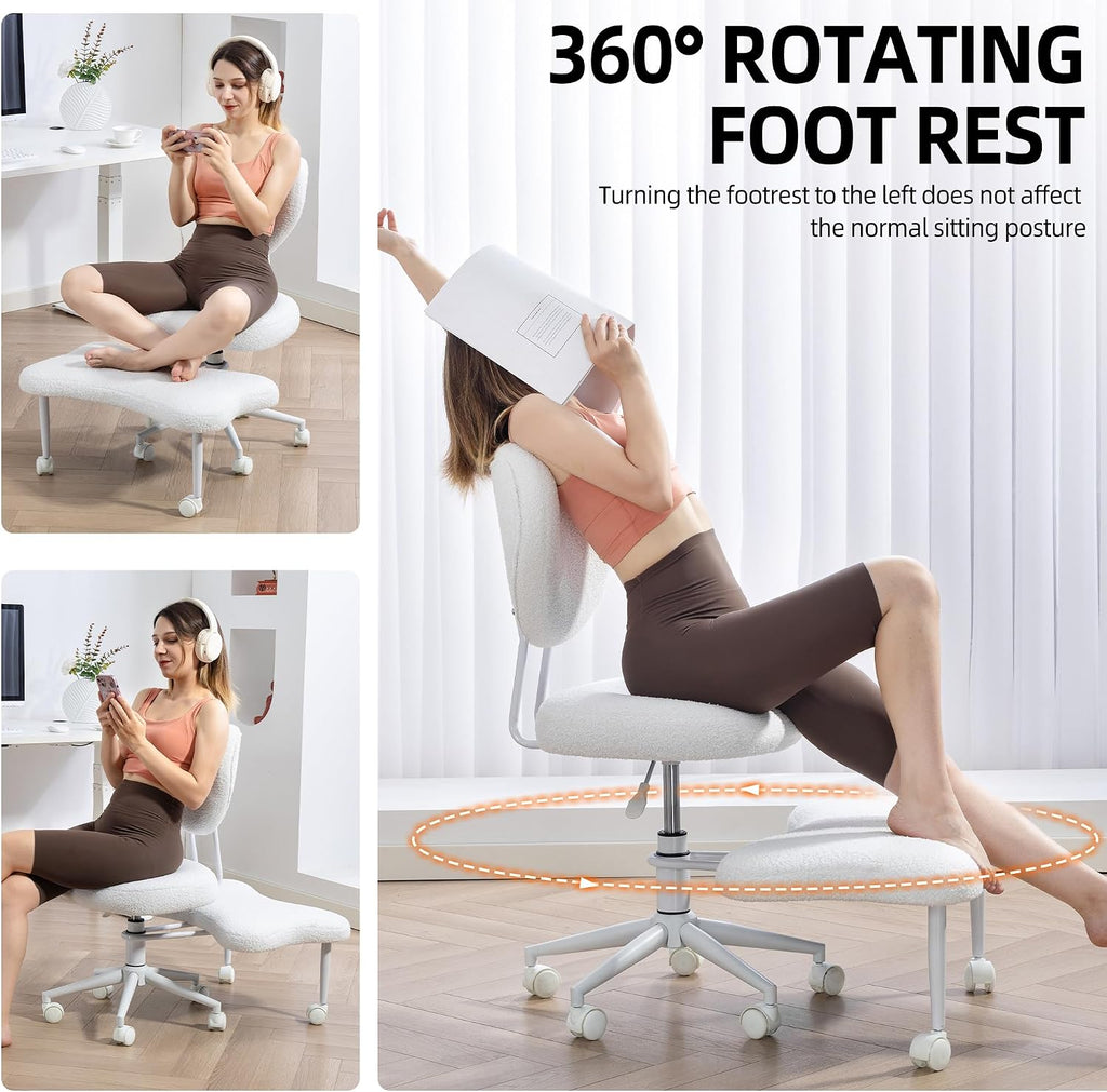 Teddy Cross Legged Office Chair with Wheels, Ivory 360° Rotation Meditation Criss Chair, Height Adjustable Backrest and Wider Seat, Yoga Office ADHD Chair for Adults (Beige)
