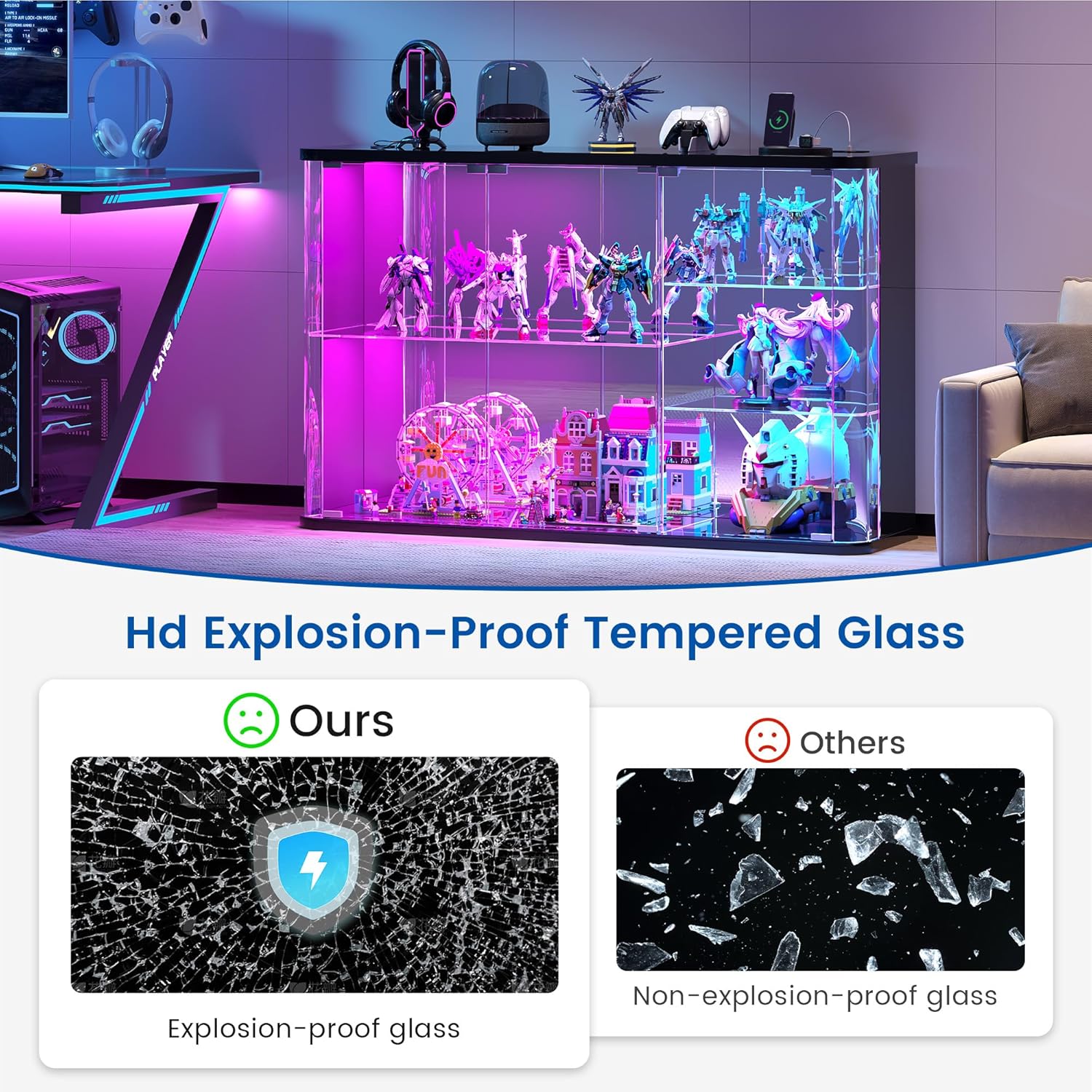 Dystler Glass Display Cabinet with RGB Lights, Rounded Display Case for Collectibles with Human Sensor Design, LED Curio Cabinet for Storage Action Figures/Trophy/Medal, Black