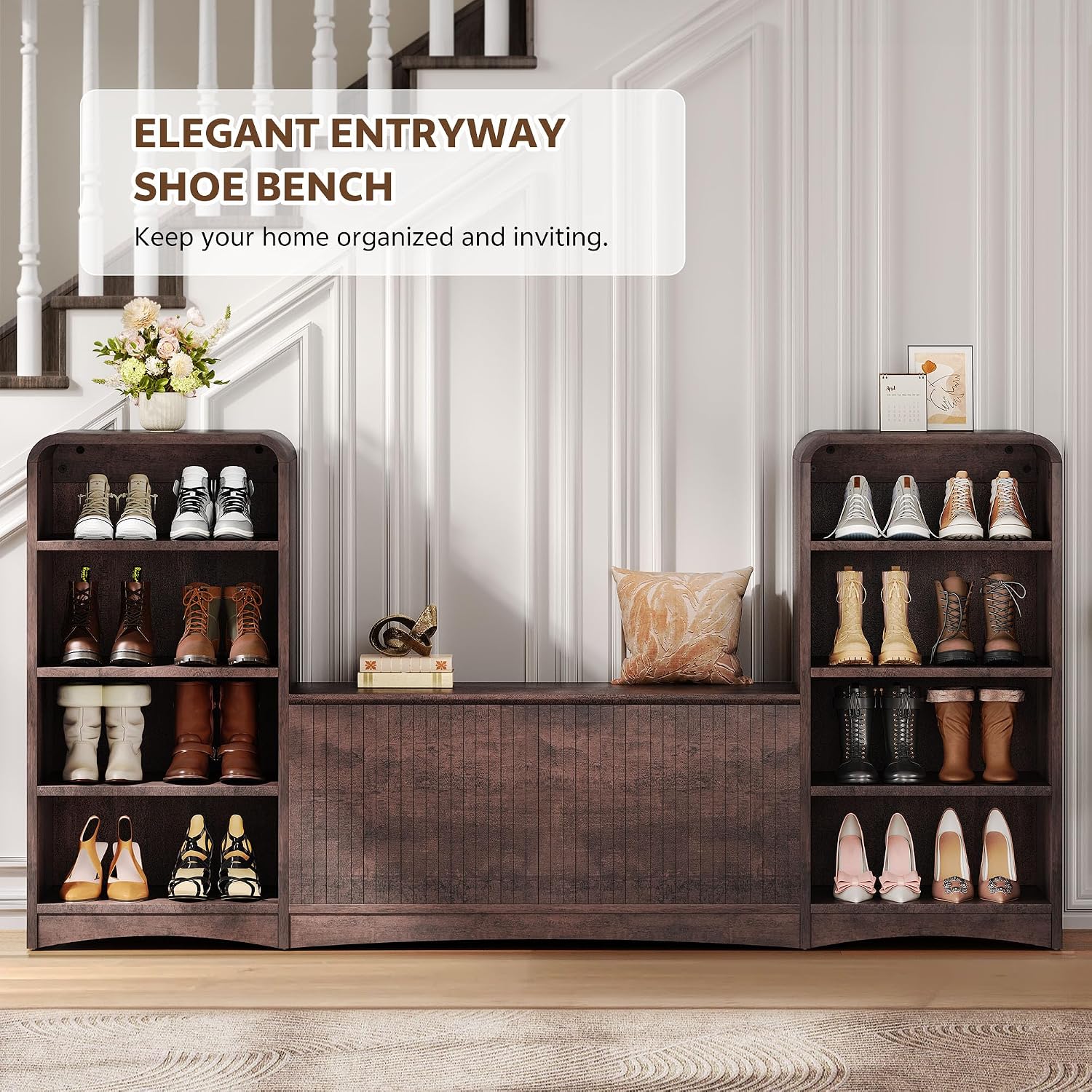 Shoe Cabinet with Bench, U-Shaped Shoe Storage Bench, Tall Shoes Cabinet with Adjustable Shelves, 63" W Lift-Top Blanket Chest with Storage, for Entryway, Living Room, Hallway, Espresso