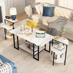 AWQM Faux Marble Table Set,Coffee Table & 2 Side Table, Faux Marble Tabletop and Metal Frame, 3 Piece Table Sets, for Living Room Apartment,White & Black