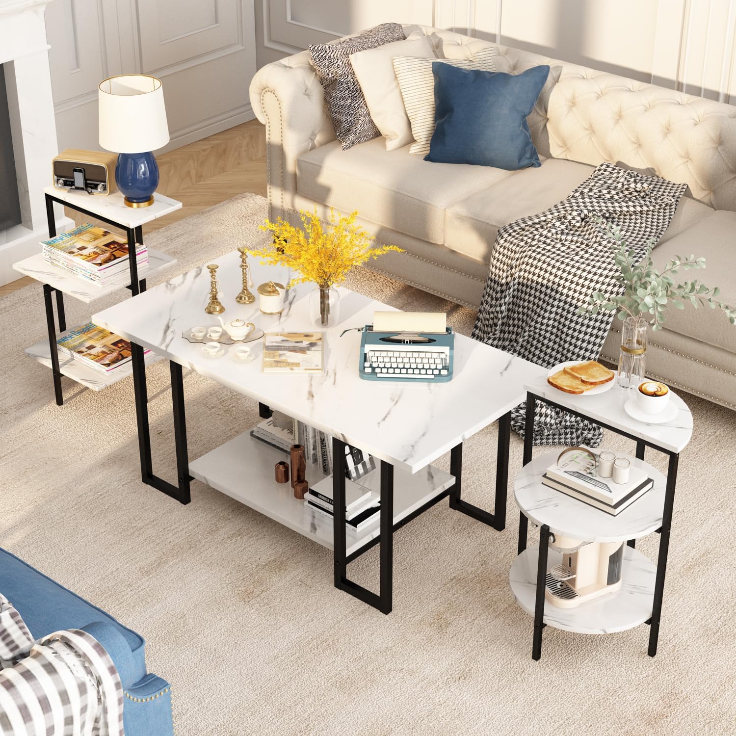 AWQM Faux Marble Table Set,Coffee Table & 2 Side Table, Faux Marble Tabletop and Metal Frame, 3 Piece Table Sets, for Living Room Apartment,White & Black