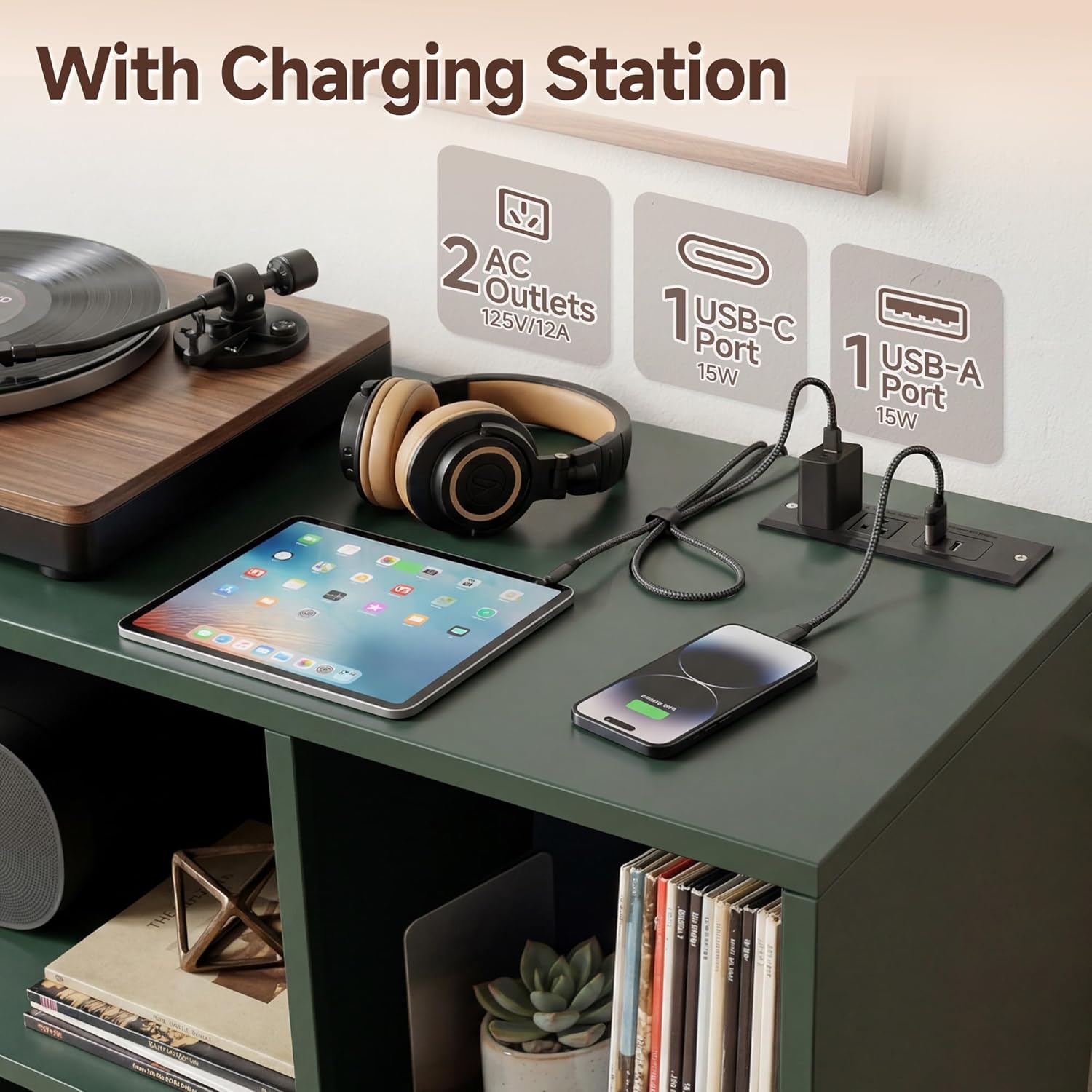 Record Player Stand with Charging Station, Green | Vinyl Record Storage Cabinet, Holds Up to 500+ Albums, Metal Turntable Stand with Large Tabletop for Music Room Studio