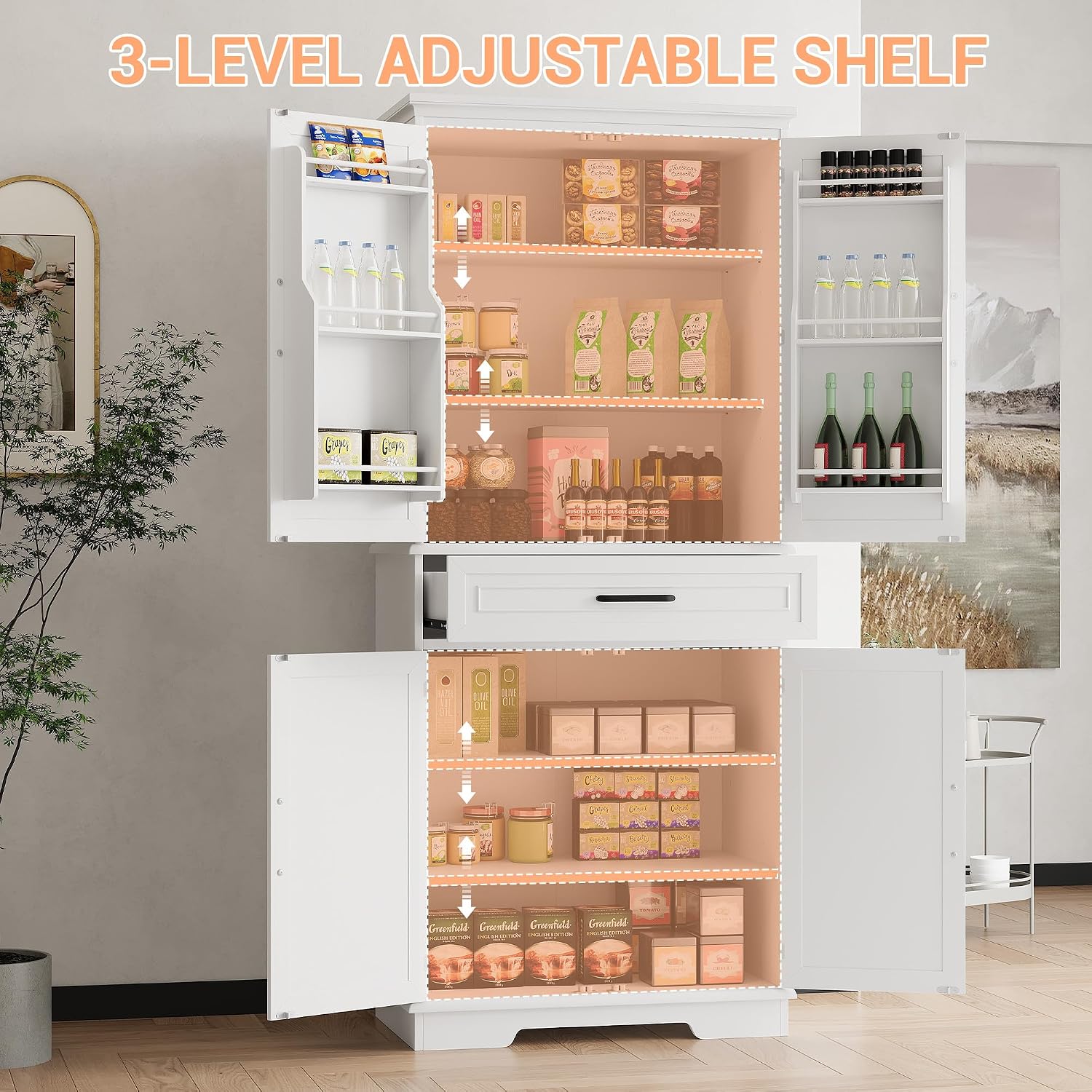 72in Tall Cabinet with Drawer, 6 Doors and Adjustable Shelves, Large Kitchen Pantry Storage Cabinet for Dining Room, Living Room, White