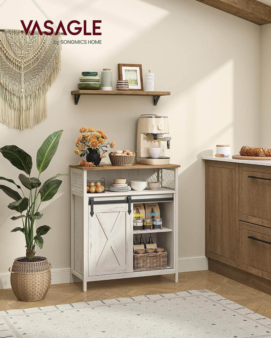 VASAGLE Buffet Cabinet, Coffee Bar Storage Cabinet, Sideboard with 1 Sliding Barn Door, Adjustable Shelves, 11.8 x 27.6 x 31.5 Inches, for Living Room, Rustic White and Honey Brown LSC089WJ02S
