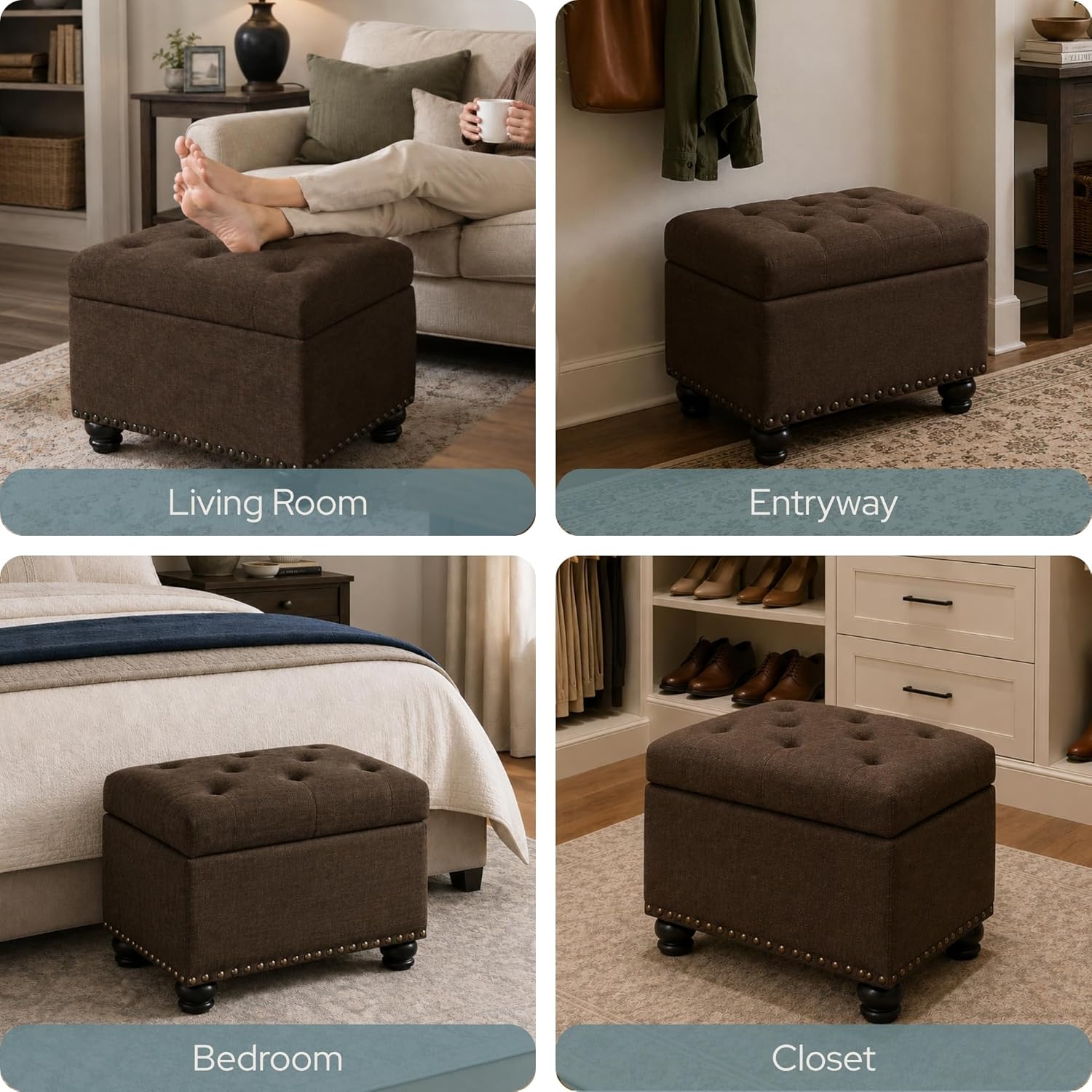 Convenience Concepts Designs4Comfort 5th Avenue Ottoman 24" - Modern Upholstered Footstool & Seat with Hinged Lid & Storage, for Living Room, Bedroom, & Entryway, Medium Brown Fabric
