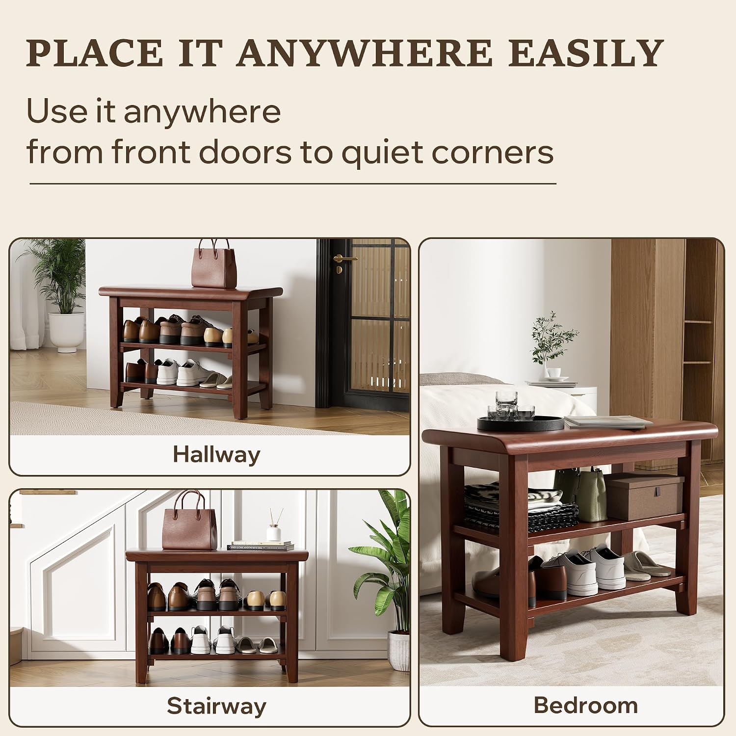 SShoe Rack Bench Mid Century Modern 2-Tier Shoe Rack Organizer for Entryway Hallway or Living Room Farmhouse Rustic Wooden Seat Bench Brown 11.8" Dx31.5 Wx16.5 H
