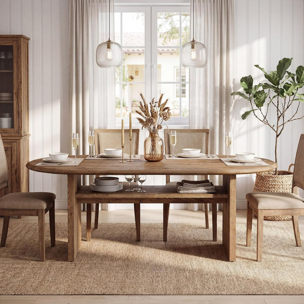 63" Oval Dining Table for 6, Farmhouse Solid Wood Kitchen Table with Storage for Dining Room, Living Room, Natural Wood