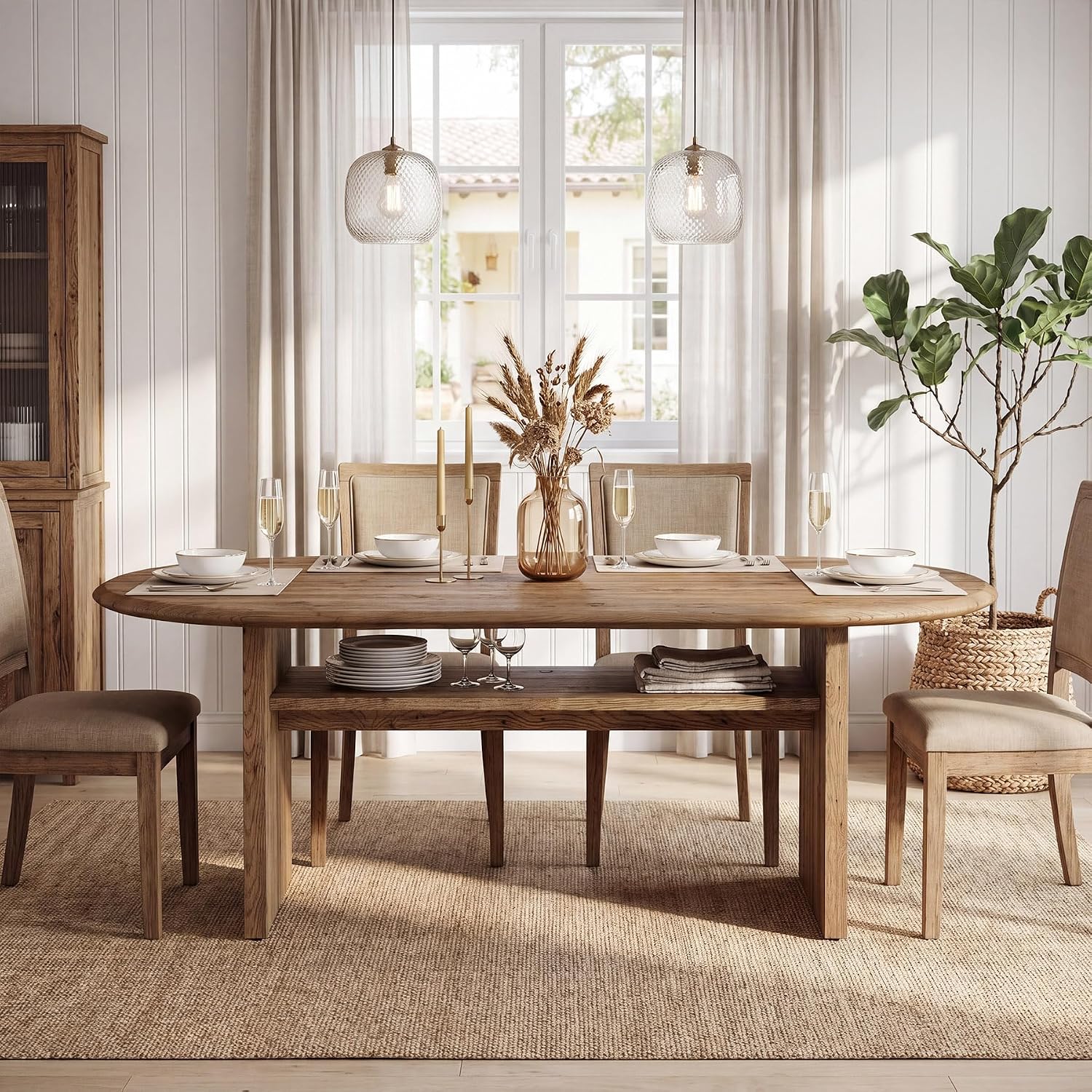 63" Oval Dining Table for 6, Farmhouse Solid Wood Kitchen Table with Storage for Dining Room, Living Room, Natural Wood