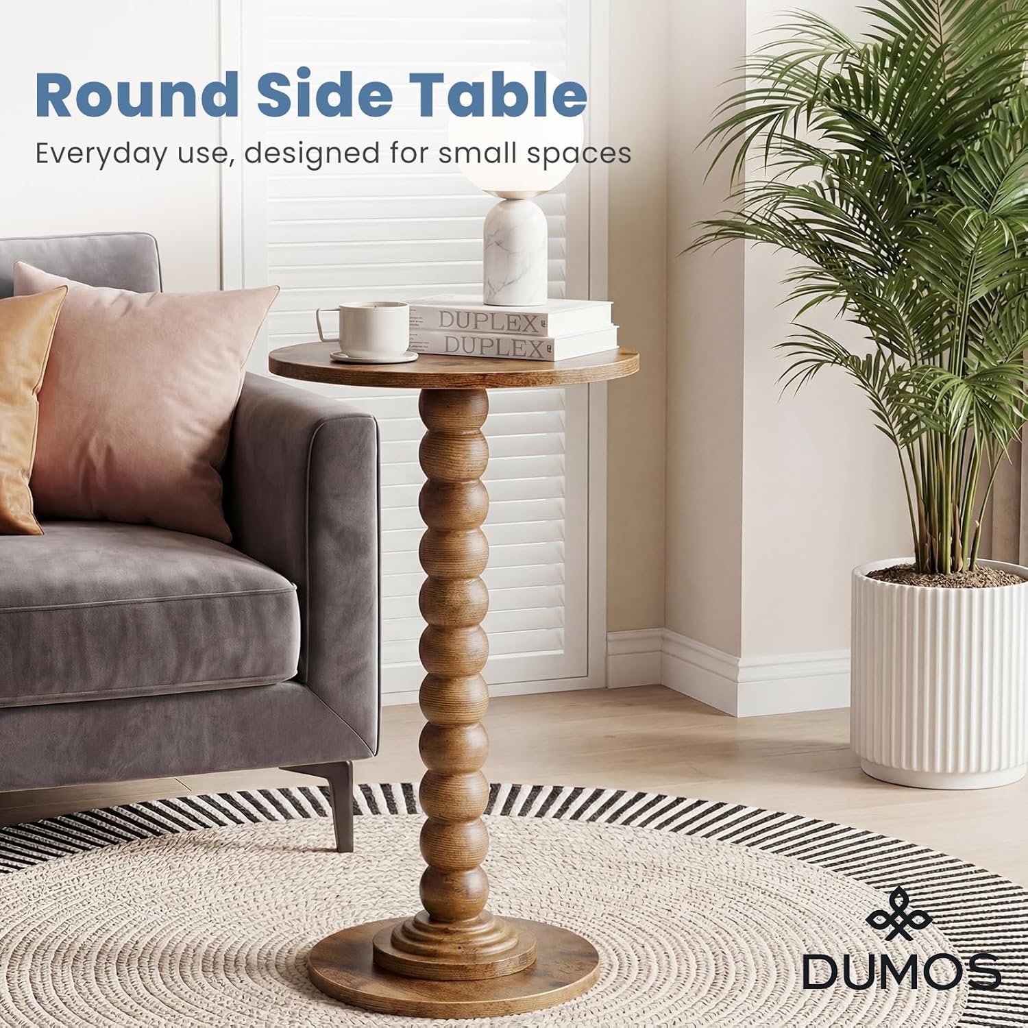 DUMOS Round Side Table for Small Spaces, Brown Modern Accent End Table with Solid Wood Leg, Versatile Drink Nightstand for Living Room, Bedroom, Corners and Office