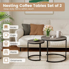 Giantex Nesting Coffee Table Set of 2, Round Stacking Side Tables with Wooden Tabletop & Powder Coated Steel Frame, Space Saving Vintage End Tables for Living Room, Balcony, Office (Grey Oak)