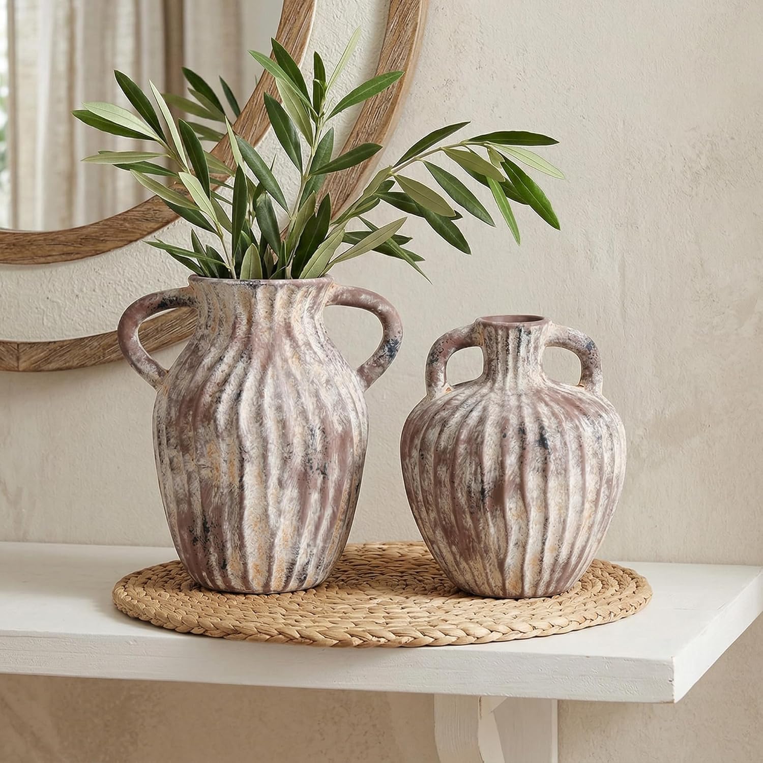 Ceramic Vases Set of 2, Flower Vase Bud Vases Small Vase for Pampas Grass Home Decor Modern Boho Living Room Bathroom Office Coffee Desk Fireplace Centerpieces Gift for Mother, Wife