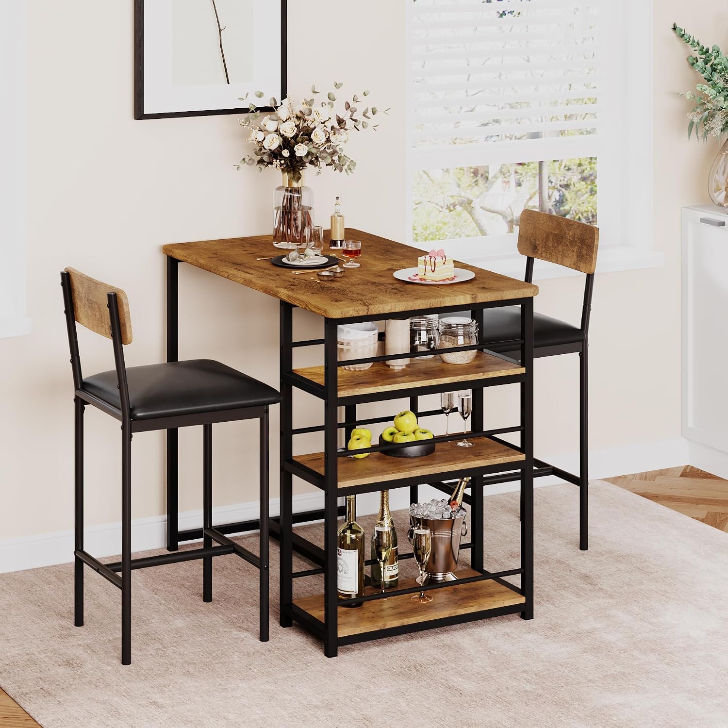 Bar Table and Chair Set with Three Shelves Small 2-Person Dining Table with 2 Upholstered Stools with Backrests Suitable for Restaurants and Bistros -Vintage Color