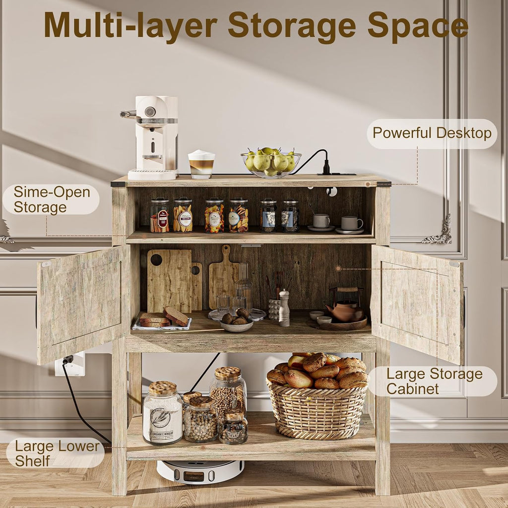 M METERXITY 31.5" W Coffee Bar Cabinet with Outlets, 2-Door Farmhouse Console Table Sofa Storage Cabinet Narrow Buffet Sideboard for Kitchen, Pantry, Entryway, Hallway, Dining (Light Oak)