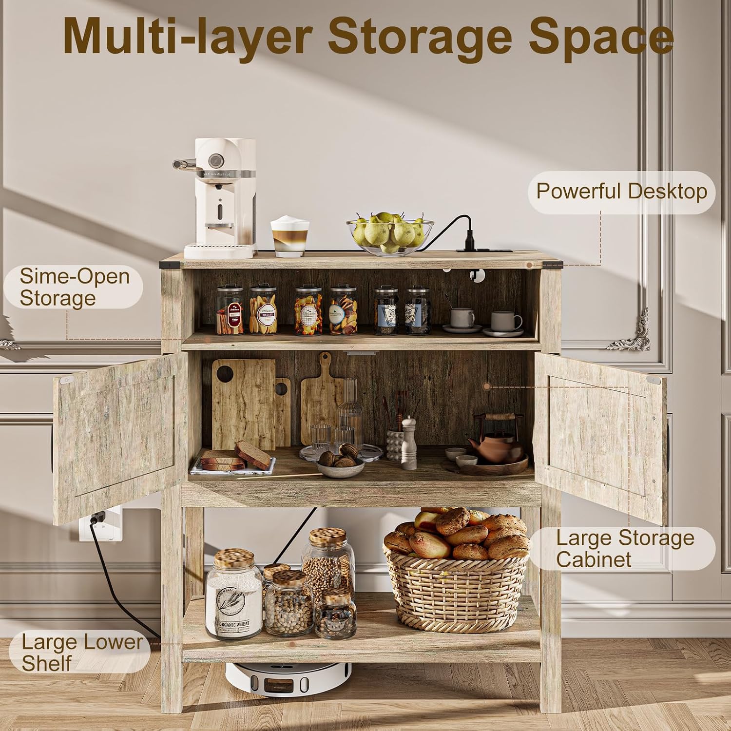 M METERXITY 31.5" W Coffee Bar Cabinet with Outlets, 2-Door Farmhouse Console Table Sofa Storage Cabinet Narrow Buffet Sideboard for Kitchen, Pantry, Entryway, Hallway, Dining (Light Oak)
