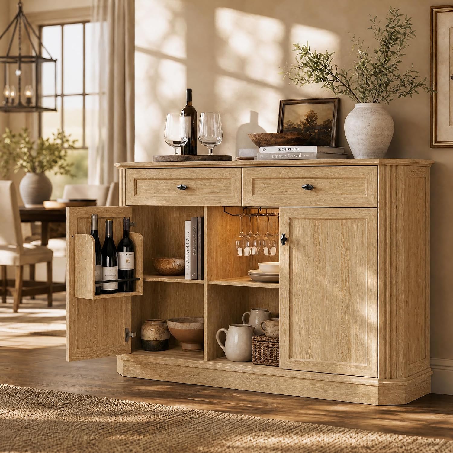 Natural Oak Coffee Bar with 2 Drawers & 2 Doors, LED Wine Bar Cabinet with Wine Glasses, Coffee Station with Built-in Outlets, Buffet Cabinet Sideboard with Extra Storage for Living Room Kitchen