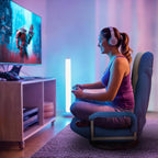 360 Degree Swivel Gaming Chair Foldable Floor Sofa Chair for TV Reading Playing Video Games with Lumbar Support, Armrest Handles, Adjustable Backrest, Blue & Beige