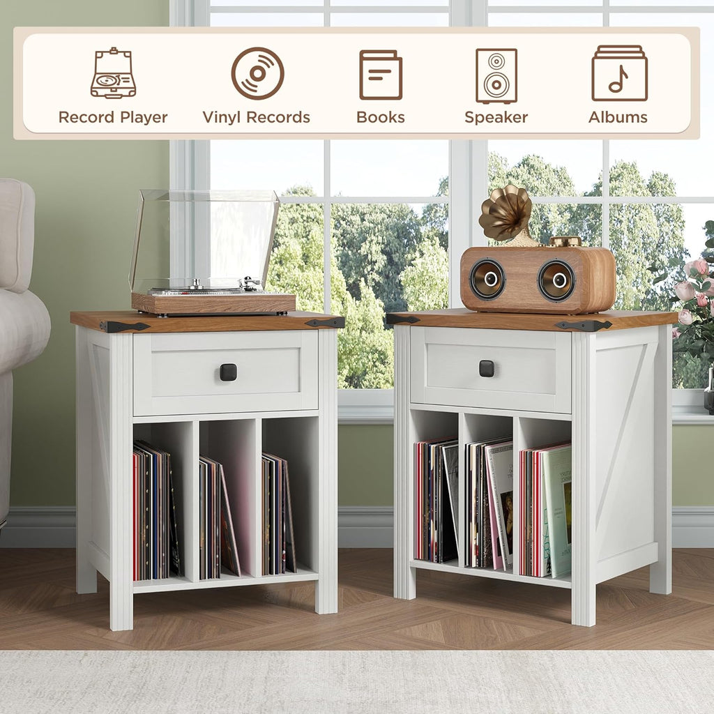 Farmhouse Record Player Stand with Vinyl Record Storage, End Table with Charging Station, Wood Record Holder Cabinet Dispaly Shelf for Living Room,Bedroom,Office,White