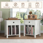 Farmhouse Record Player Stand with Vinyl Record Storage, End Table with Charging Station, Wood Record Holder Cabinet Dispaly Shelf for Living Room,Bedroom,Office,White